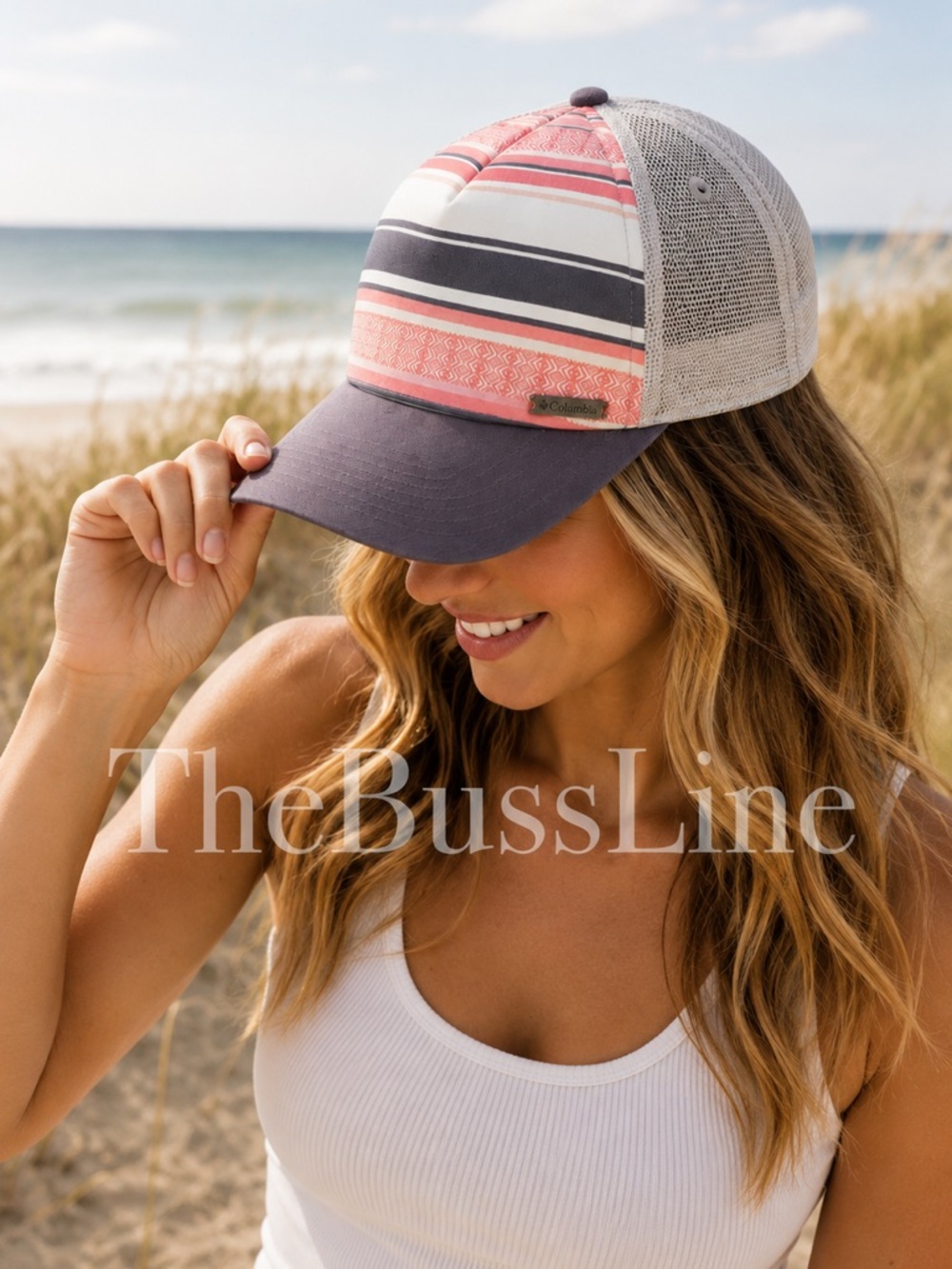 Columbia Women's Pink and Gray Striped Mesh Trucker Hat